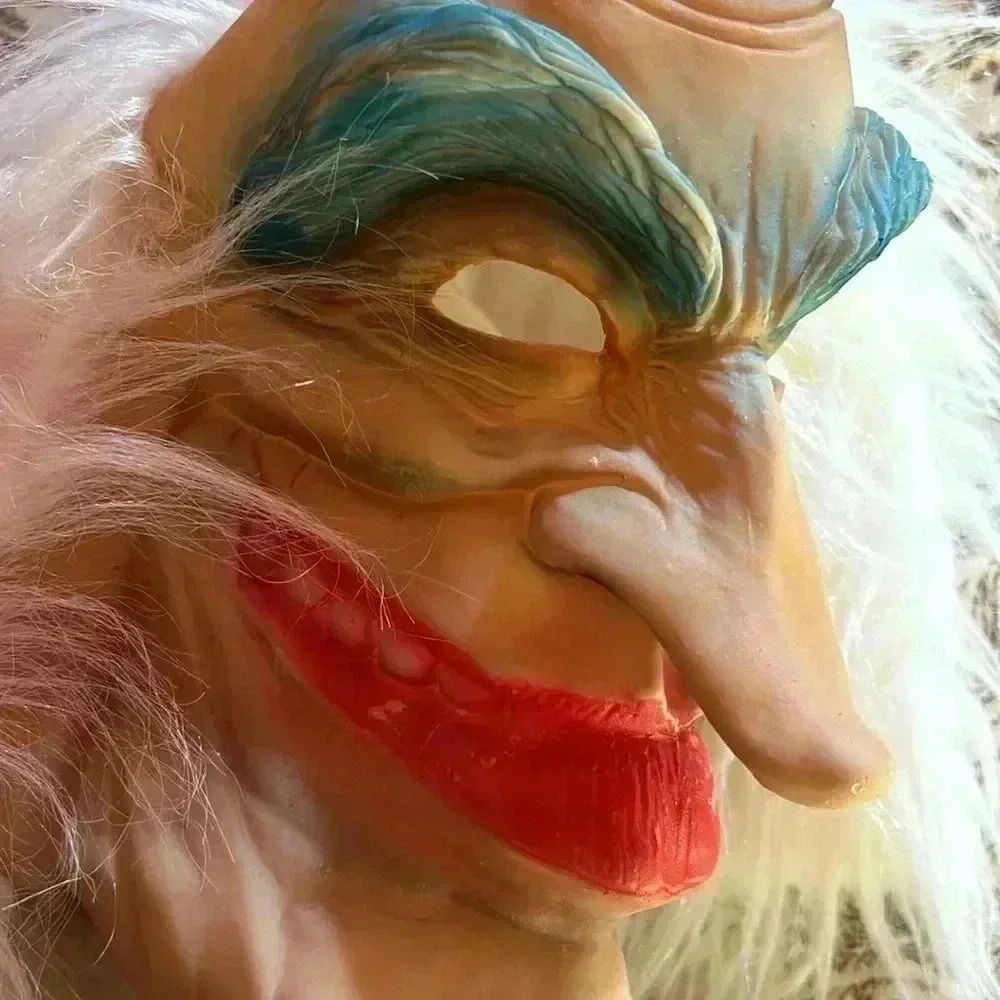 Vintage Halloween Mask Old Man Hag Witch With White Hair Hood Latex Costume 70s - Picture 8 of 9